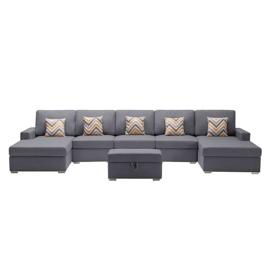 Lilola Home - Nolan Gray Linen Fabric 6Pc Double Chaise Sectional Sofa with Interchangeable Legs, Storage Ottoman, and Pillows - 89425-24 veiw 2