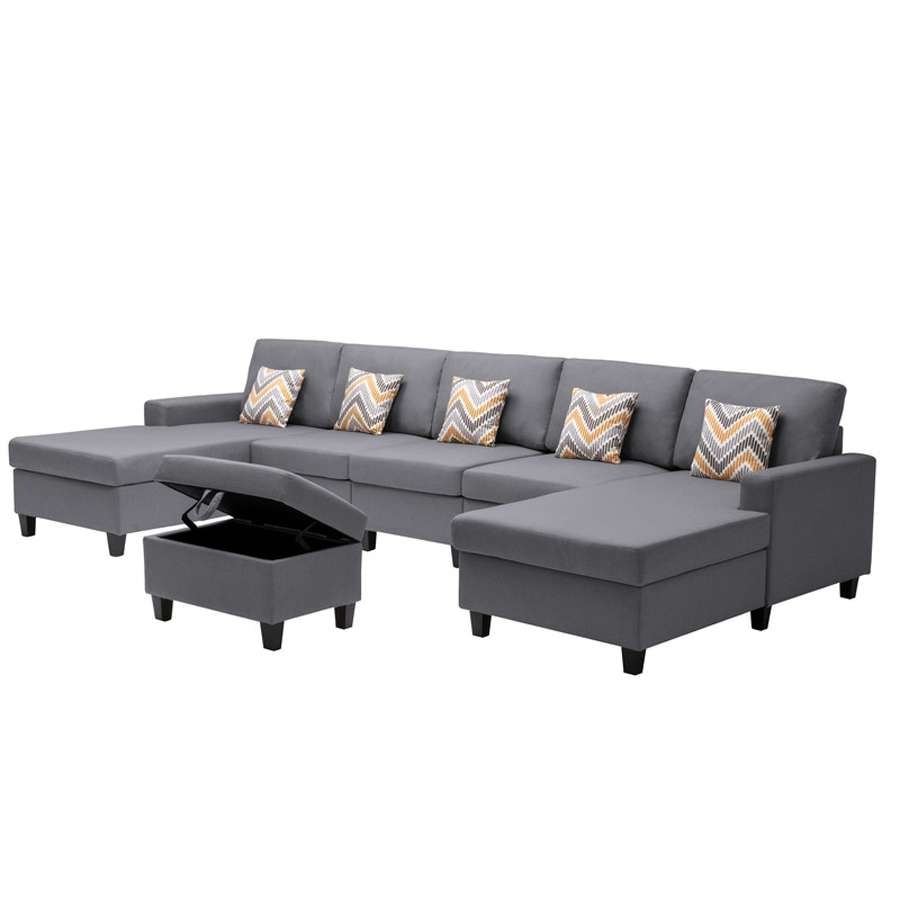 Lilola Home - Nolan Gray Linen Fabric 6Pc Double Chaise Sectional Sofa with Interchangeable Legs, Storage Ottoman, and Pillows - 89425-24 veiw 6