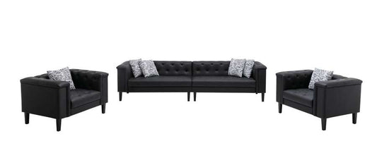 Lilola Home - Sarah Black Vegan Leather Tufted Sofa 2 Chairs Living Room Set With 6 Accent Pillows - 89224-SCC veiw 2