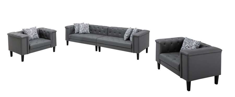 Lilola Home - Sarah Gray Vegan Leather Tufted Sofa 2 Chairs Living Room Set With 6 Accent Pillows - 89225-SCC veiw 3
