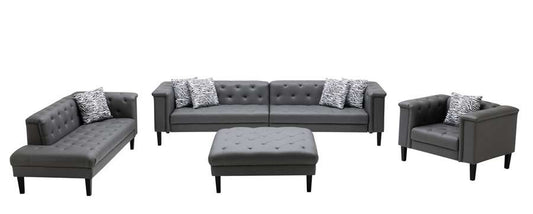 Lilola Home - Sarah Gray Vegan Leather Tufted Sofa Chaise Chair Ottoman Living Room Set With 6 Accent Pillows - 89225 veiw 2