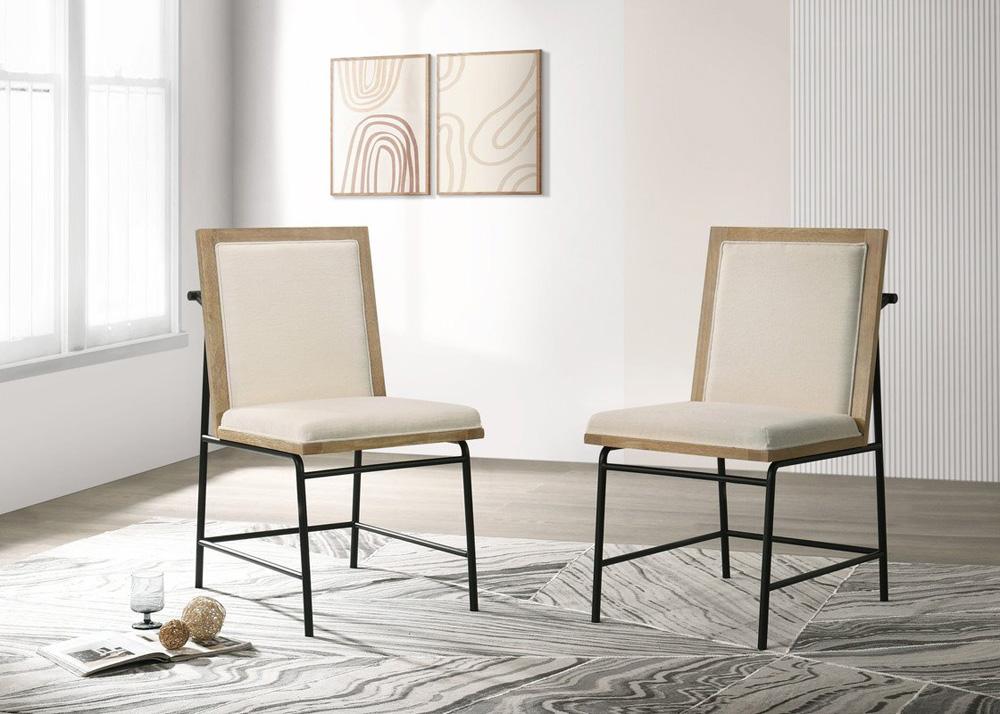 Lilola Home - Tate Oak Finish 47inW Round Dining Table Set with Cream Color Upholstered Chairs-30033-SET veiw 3