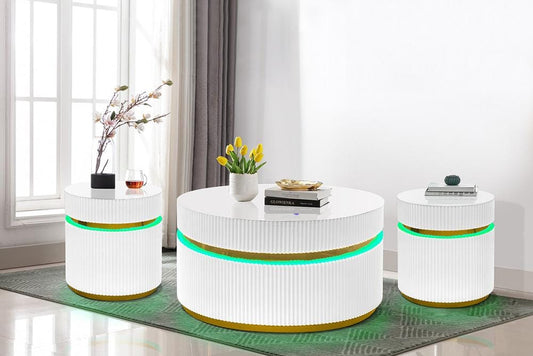 Lilola Home - Tavita 3-Piece Round Coffee Table Set with Glass Top and LED Lights in White - 98048-1 veiw 2