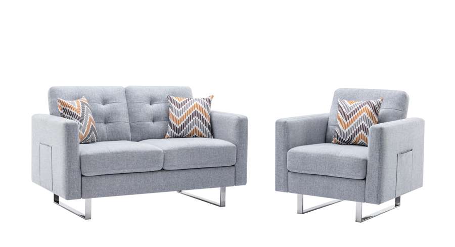 Lilola Home - Victoria Light Gray Linen Fabric Loveseat Chair Living Room Set with Metal Legs, Side Pockets, and Pillows - 88865LG veiw 3