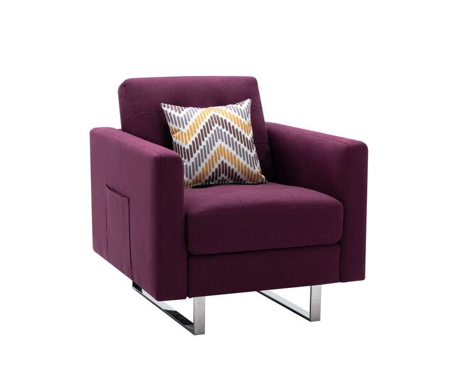Lilola Home - Victoria Purple Linen Fabric Armchair with Metal Legs, Side Pockets, and Pillow - 88865PE-C veiw 6