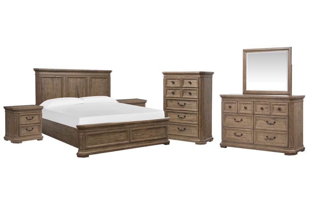 Magnussen - Adler Court Florentine Walnut King Panel Bed 2 Nightstands Drawer Dresser With Landscape Mirror And Drawer Chest - B5991-64-KIT5 view 1