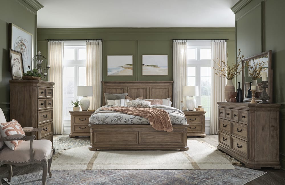 Magnussen - Adler Court Florentine Walnut Queen Panel Bed 2 Nightstands And Drawer Dresser With Landscape Mirror - B5991-54-KIT4 view 9