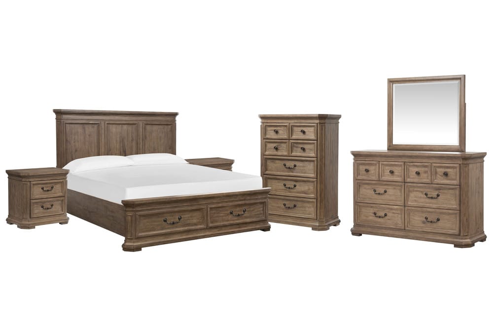 Magnussen - Adler Court Florentine Walnut Queen Panel Storage Bed 2 Nightstands Drawer Dresser With Landscape Mirror And Drawer Chest - B5991-54A-KIT5 view 1