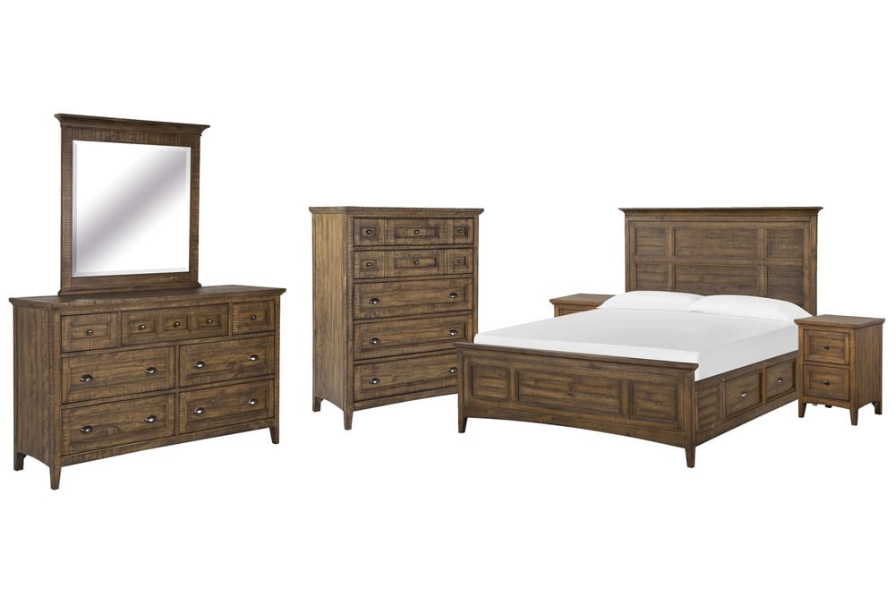Magnussen - Bay Creek Toasted Nutmeg California King Panel Storage Bed 2 Small Nightstands Drawer Dresser With Landscape Mirror And Drawer Chest - B4398-75-KIT10 view 1