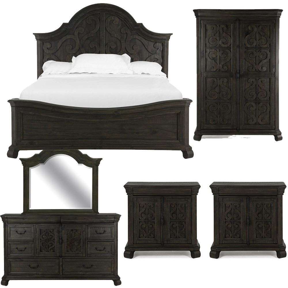 Magnussen - Bellamy Peppercorn Queen Shaped Panel Bed 2 Barchelor Chests Drawer Dresser With Shaped Mirror And Door Chest - B2491-55-KIT18 view 1
