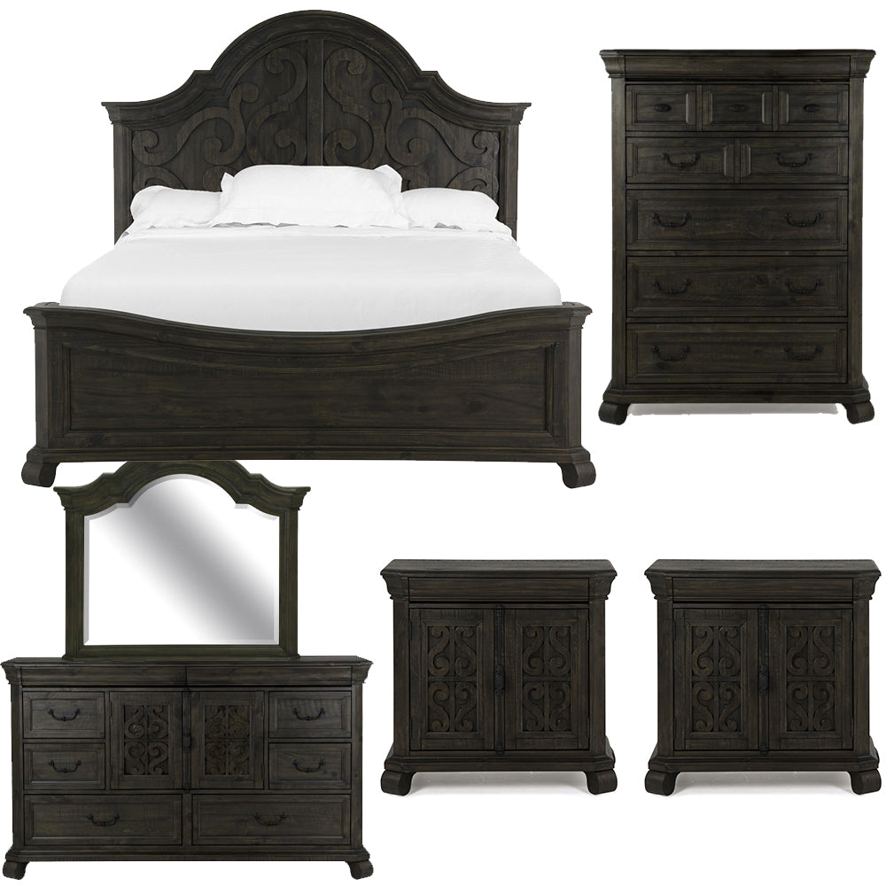 Magnussen - Bellamy Peppercorn Queen Shaped Panel Bed 2 Barchelor Chests Drawer Dresser With Shaped Mirror And Drawer Chest - B2491-55-KIT16 view 1