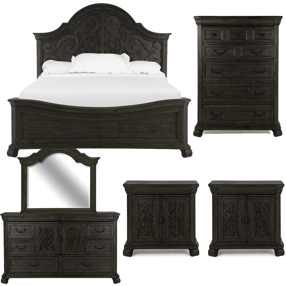 Magnussen - Bellamy Peppercorn Queen Shaped Panel Bed 2 Barchelor Chests Drawer Dresser With Shaped Mirror And Drawer Chest - B2491-55-KIT16 view 1