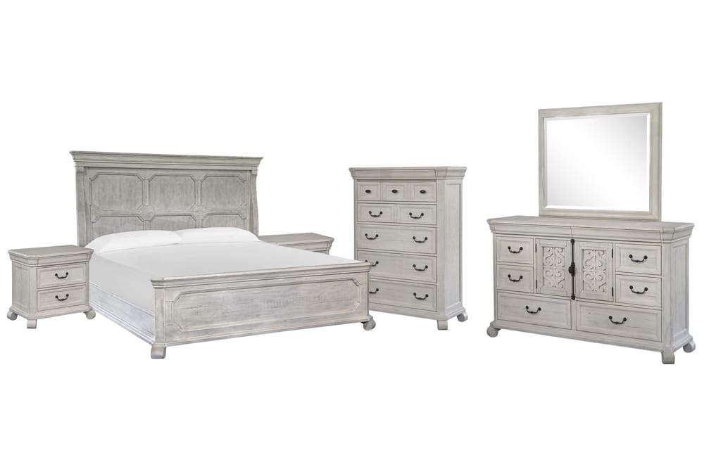 Magnussen - Bronwyn Alabaster California King Panel Bed 2 Nightstands Drawer Dresser With Landscape Mirror And Drawer Chest - B4436-74-KIT7 view 1