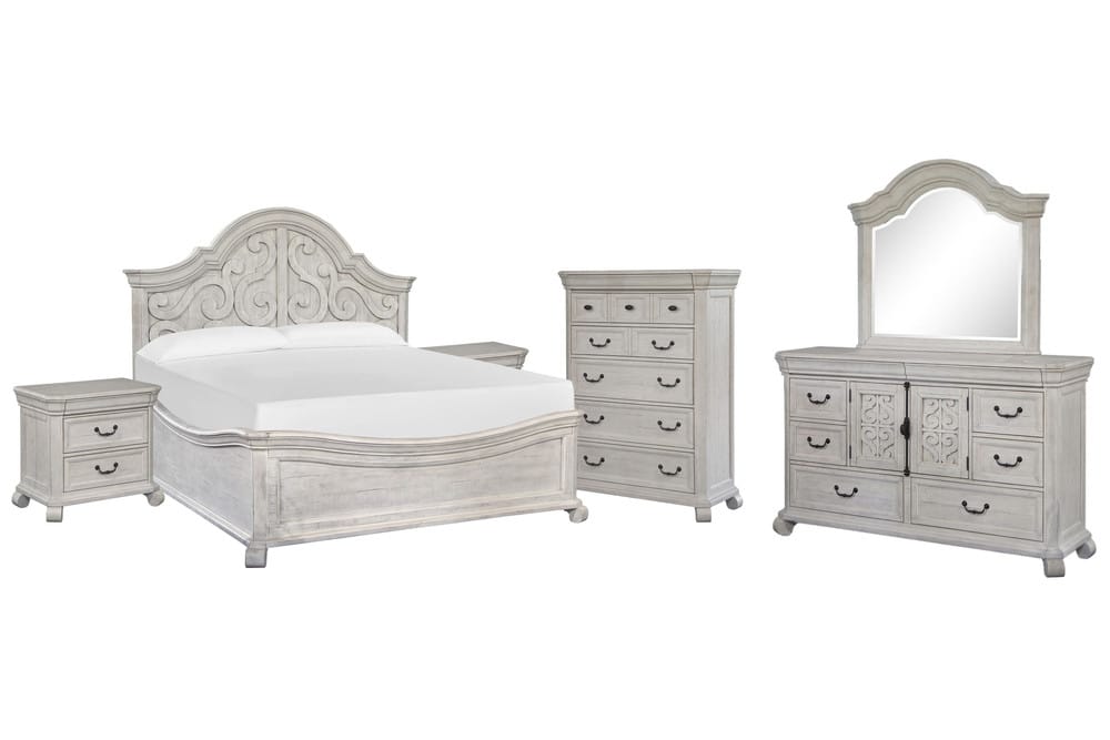 Magnussen - Bronwyn Alabaster California King Shaped Panel Bed 2 Nightstands Drawer Dresser With Shaped Mirror And Drawer Chest - B4436-75-KIT8 view 1