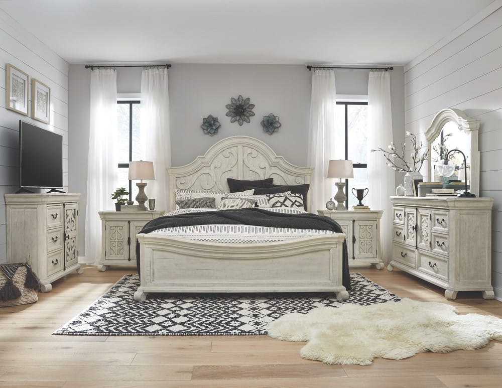 Magnussen - Bronwyn Alabaster King Shaped Panel Bed 2 Nightstands And Drawer Dresser With Shaped Mirror - B4436-65-KIT6 view 9