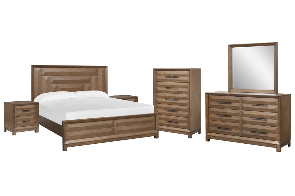 Magnussen - Callisto Bourbon Brown California King Panel Bed 2 Nightstands Drawer Dresser With Landscape Mirror And Drawer Chest - B6396-74-KIT5 view 1