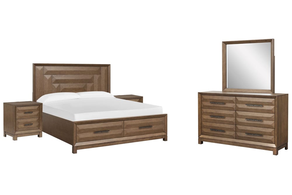 Magnussen - Callisto Bourbon Brown California King Panel Storage Bed 2 Nightstands And Drawer Dresser With Landscape Mirror - B6396-74A-KIT4 view 1