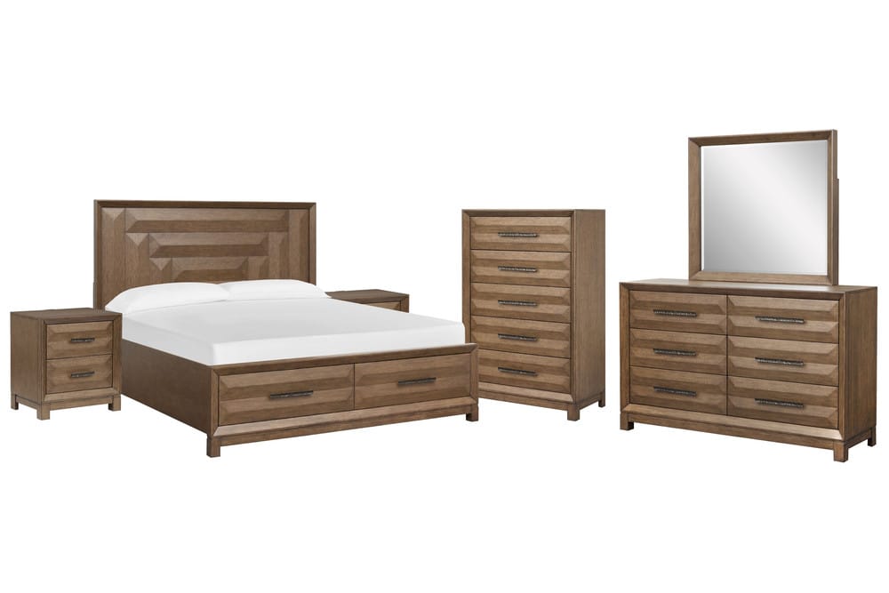 Magnussen - Callisto Bourbon Brown California King Panel Storage Bed 2 Nightstands Drawer Dresser With Landscape Mirror And Drawer Chest - B6396-74A-KIT5 view 1