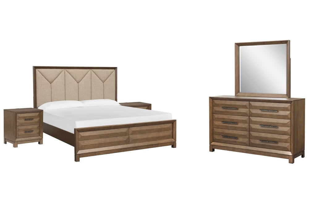 Magnussen - Callisto Bourbon Brown California King Upholstered Panel Bed 2 Nightstands And Drawer Dresser With Landscape Mirror - B6396-75-KIT4 view 1