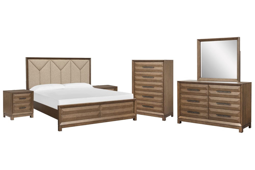 Magnussen - Callisto Bourbon Brown California King Upholstered Panel Bed 2 Nightstands Drawer Dresser With Landscape Mirror And Drawer Chest - B6396-75-KIT5 view 1