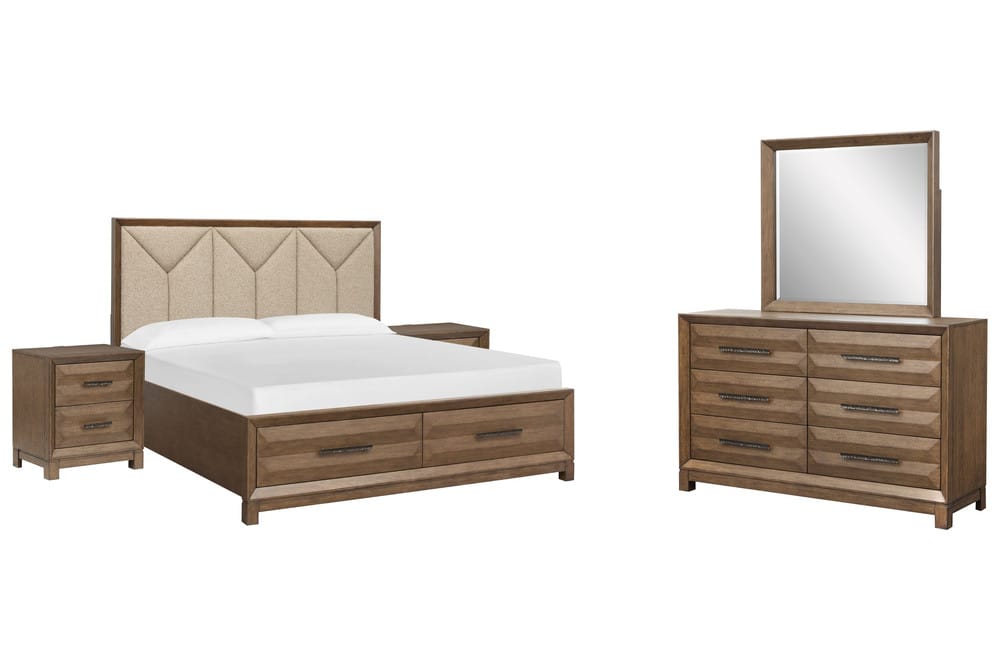 Magnussen - Callisto Bourbon Brown Queen Upholstered Panel Storage Bed 2 Nightstands And Drawer Dresser With Landscape Mirror - B6396-55A-KIT4 view 1