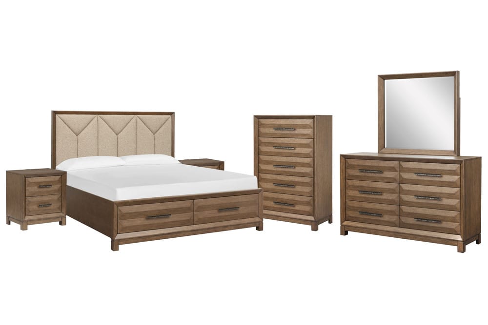 Magnussen - Callisto Bourbon Brown Queen Upholstered Panel Storage Bed 2 Nightstands Drawer Dresser With Landscape Mirror And Drawer Chest - B6396-55A-KIT5 view 1