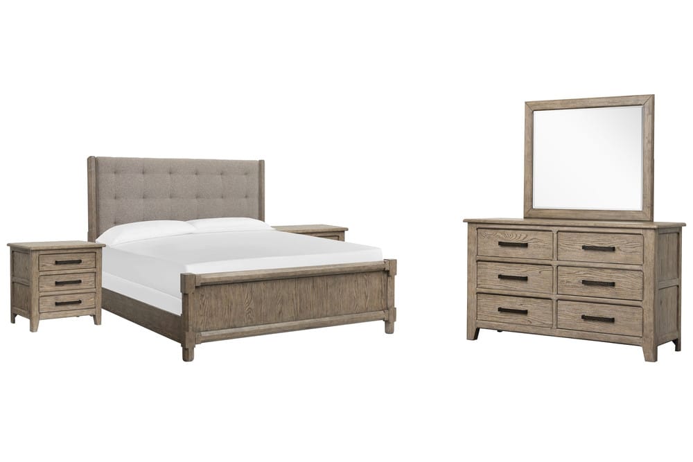 Magnussen - Claremont Smokey Taupe California King Upholstered Panel Bed 2 Nightstands And Drawer Dresser With Landscape Mirror - B5942-75-KIT4 view 1