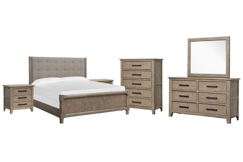 Magnussen - Claremont Smokey Taupe Queen Upholstered Panel Bed 2 Nightstands Drawer Dresser With Landscape Mirror And Drawer Chest - B5942-55-KIT5 view 1