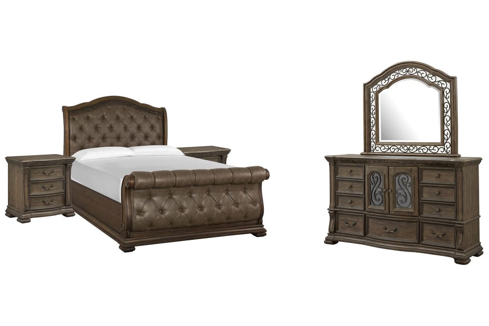Magnussen - Durango Willadeene Brown California King Upholstered Sleigh Bed 2 Nightstands And Drawer Dresser With Shaped Mirror - B5133-72-KIT4 view 1