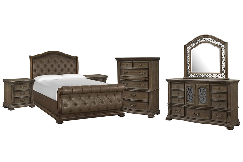 Magnussen - Durango Willadeene Brown King Upholstered Sleigh Bed 2 Nightstands Drawer Dresser With Shaped Mirror And Drawer Chest - B5133-62-KIT5 view 1