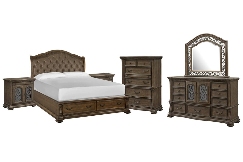 Magnussen - Durango Willadeene Brown King Upholstered Sleigh Storage Bed 2 Bachelor Chests Drawer Dresser With Shaped Mirror And Drawer Chest - B5133-62A-KIT9 view 1