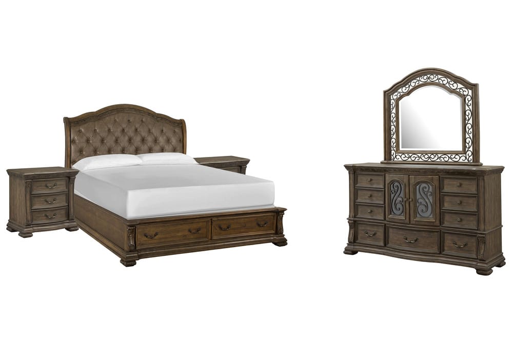Magnussen - Durango Willadeene Brown King Upholstered Sleigh Storage Bed 2 Nightstands And Drawer Dresser With Shaped Mirror - B5133-62A-KIT4 view 1