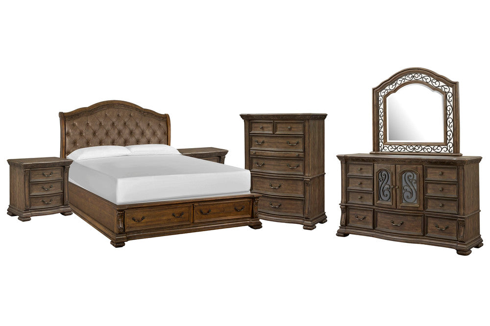 Magnussen - Durango Willadeene Brown King Upholstered Sleigh Storage Bed 2 Nightstands Drawer Dresser With Shaped Mirror And Drawer Chest - B5133-62A-KIT5 view 1