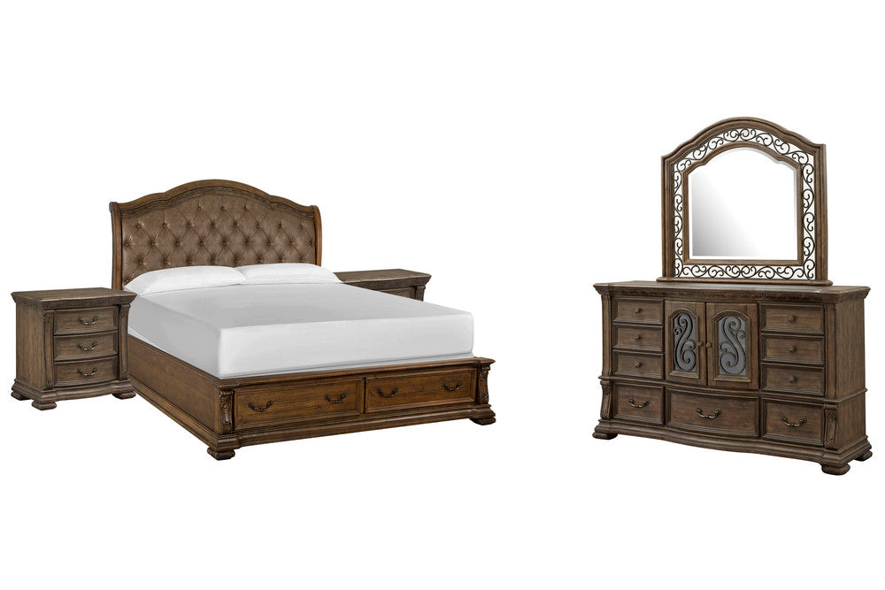 Magnussen - Durango Willadeene Brown Queen Upholstered Sleigh Storage Bed 2 Nightstands And Drawer Dresser With Shaped Mirror - B5133-52A-KIT4 view 1