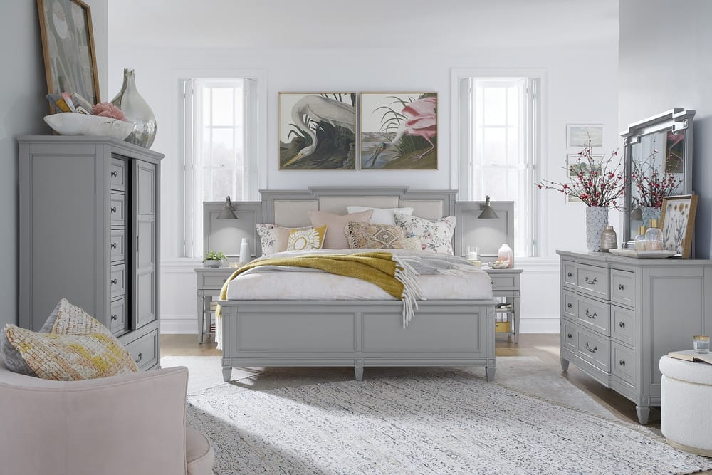 Magnussen - Glenbrook Pebble King Upholstered Wall Bed 2 Nightstands Drawer Dresser With Landscape Mirror And Door Chest - B5668-65B-KIT3 view 9
