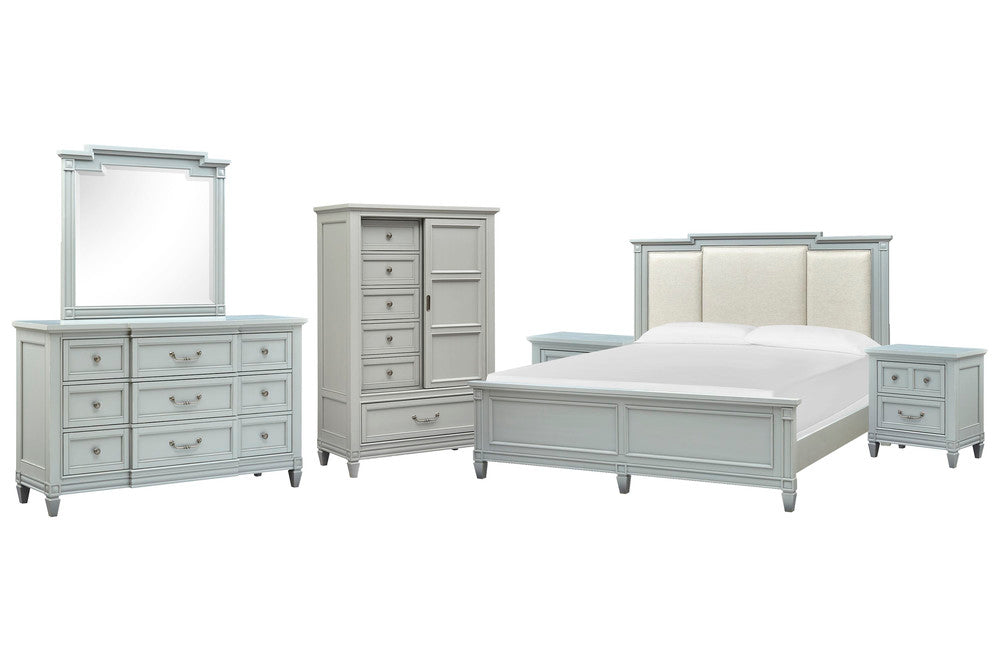 Magnussen - Glenbrook Pebble Queen Upholstered Panel Bed 2 Nightstands Drawer Dresser With Landscape Mirror And Door Chest - B5668-55-KIT6 view 1