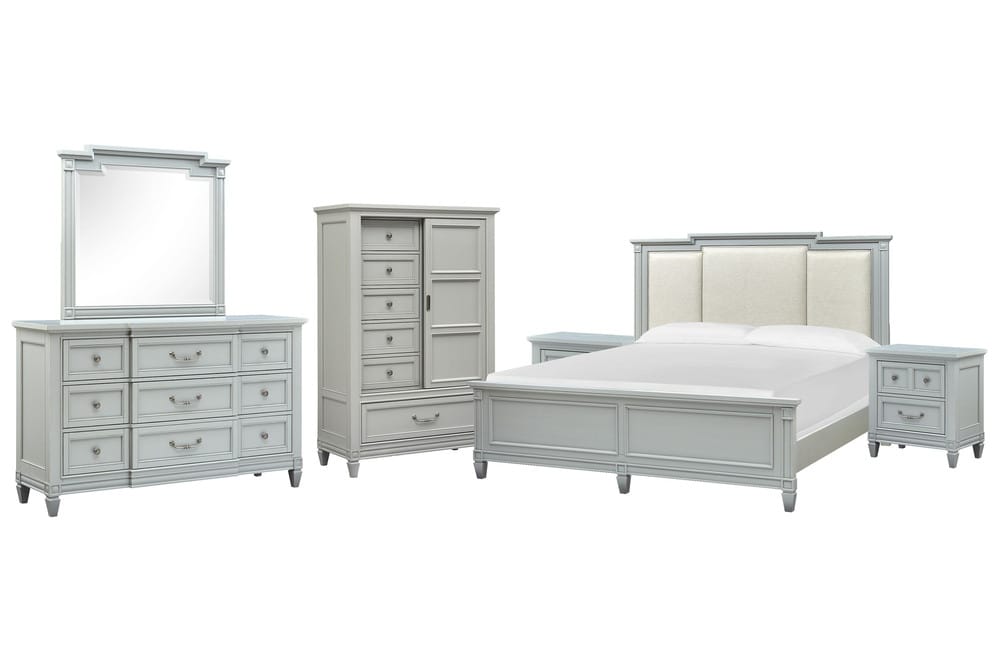 Magnussen - Glenbrook Pebble Queen Upholstered Panel Bed 2 Nightstands Drawer Dresser With Landscape Mirror And Door Chest - B5668-55-KIT6 view 1