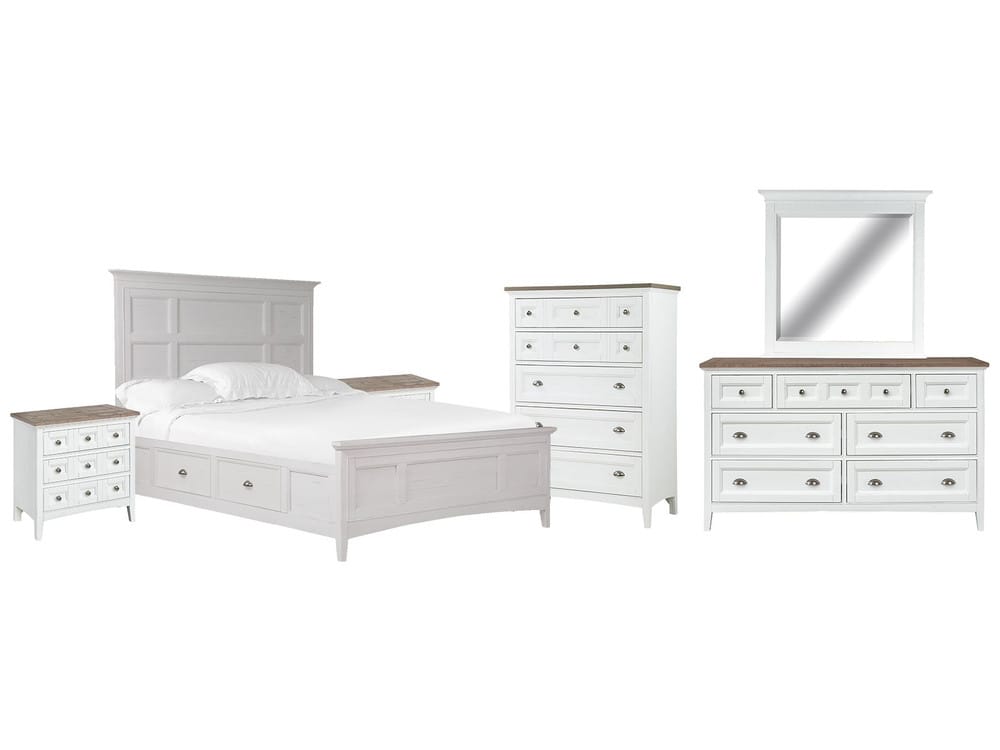 Magnussen - Heron Cove Chalk White And Dovetail Grey California King Panel Storage Bed 2 Nightstands Drawer Dresser With Landscape Mirror And Drawer Chest (Two Tone) - B4400-75-KIT16 view 1