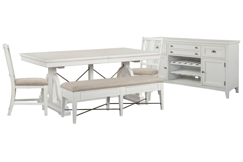 Magnussen - Heron Cove Chalk White And Dovetail Grey Extendable Trestle Dining Table With 2 Side Chairs Upholstered Bench And Buffet - D4400-25-KIT18 view 1