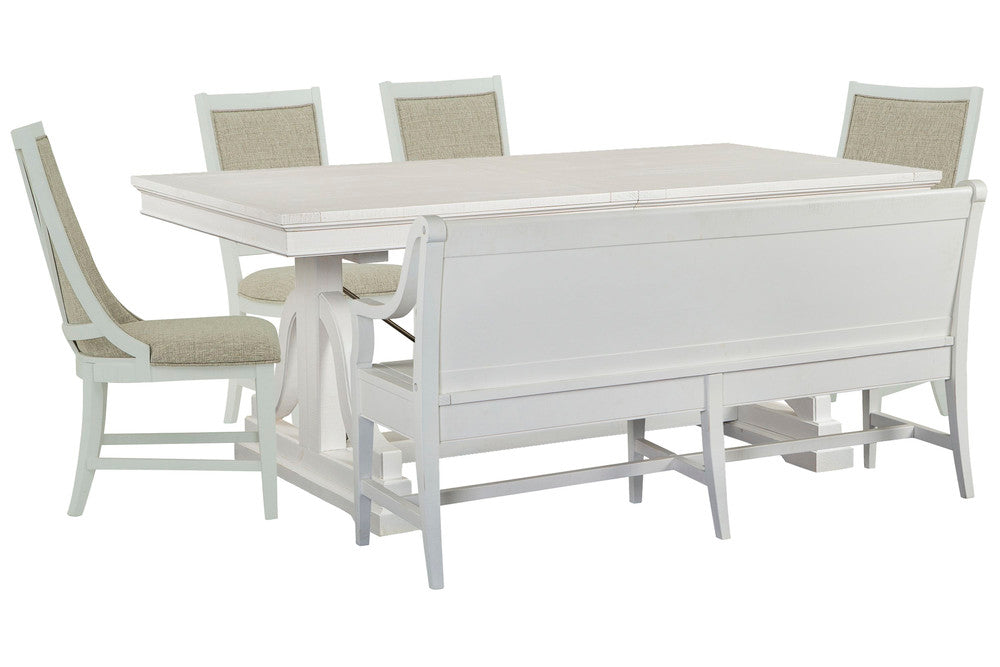 Magnussen - Heron Cove Chalk White And Dovetail Grey Extendable Trestle Dining Table With 2 Upholstered Side Chairs 2 Host Chairs And Bench - D4400-25-KIT37 view 1