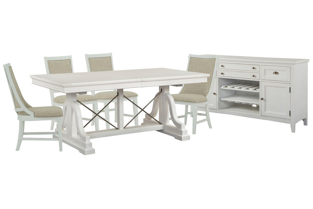 Magnussen - Heron Cove Chalk White And Dovetail Grey Extendable Trestle Dining Table With 2 Upholstered Side Chairs 2 Host Chairs And Buffet - D4400-25-KIT14 view 1