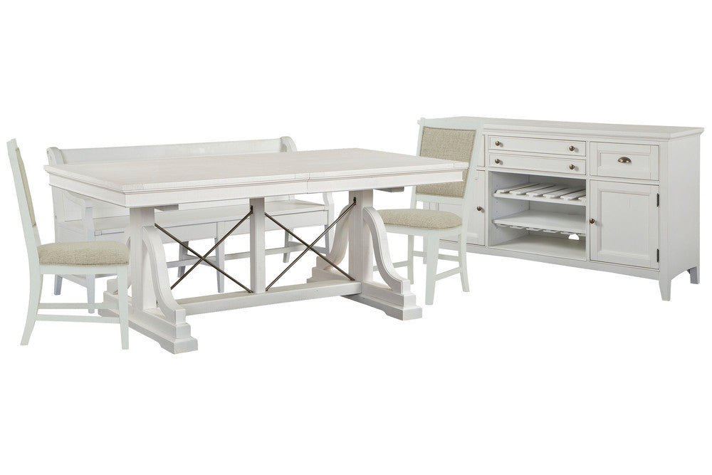 Magnussen - Heron Cove Chalk White And Dovetail Grey Extendable Trestle Dining Table With 2 Upholstered Side Chairs Bench And Buffet - D4400-25-KIT30 view 1