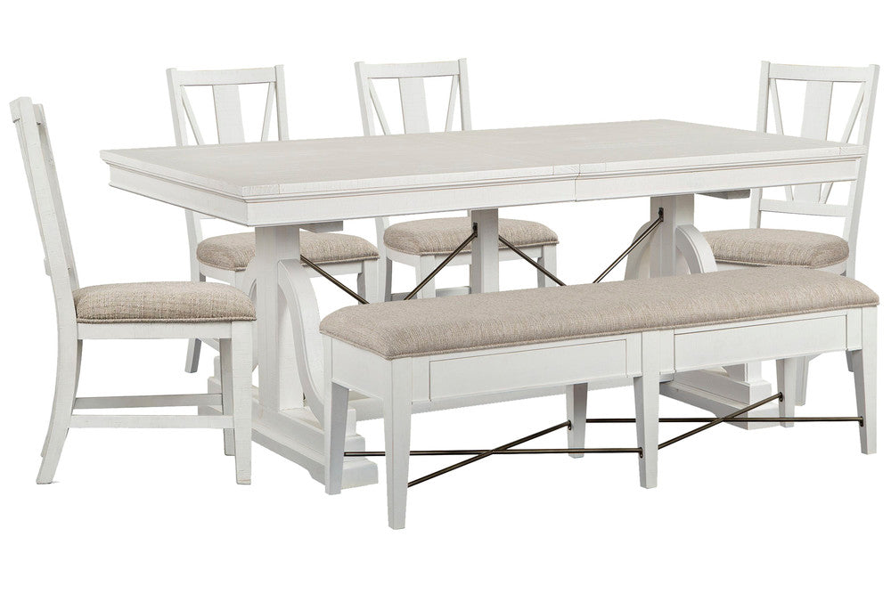 Magnussen - Heron Cove Chalk White And Dovetail Grey Extendable Trestle Dining Table With 4 Side Chairs And Upholstered Bench - D4400-25-KIT19 view 1