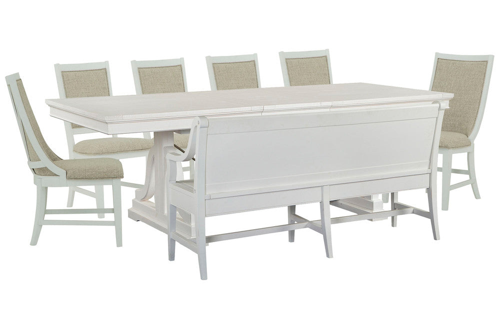 Magnussen - Heron Cove Chalk White And Dovetail Grey Extendable Trestle Dining Table With 4 Upholstered Side Chairs 2 Host Chairs And Bench - D4400-25-KIT39 view 1