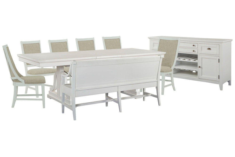 Magnussen - Heron Cove Chalk White And Dovetail Grey Extendable Trestle Dining Table With 4 Upholstered Side Chairs 2 Host Chairs Bench And Buffet - D4400-25-KIT40 view 1