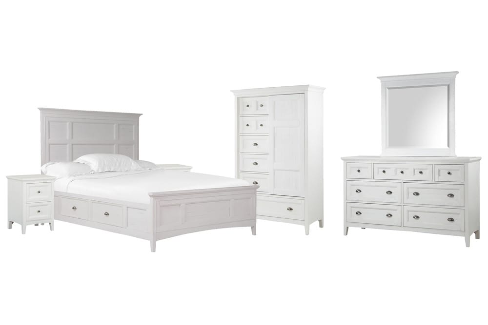 Magnussen - Heron Cove Chalk White And Dovetail Grey King Panel Storage Bed 2 Small Nightstands Drawer Dresser With Landscape Mirror And Door Chest - B4400-65-KIT11 view 1