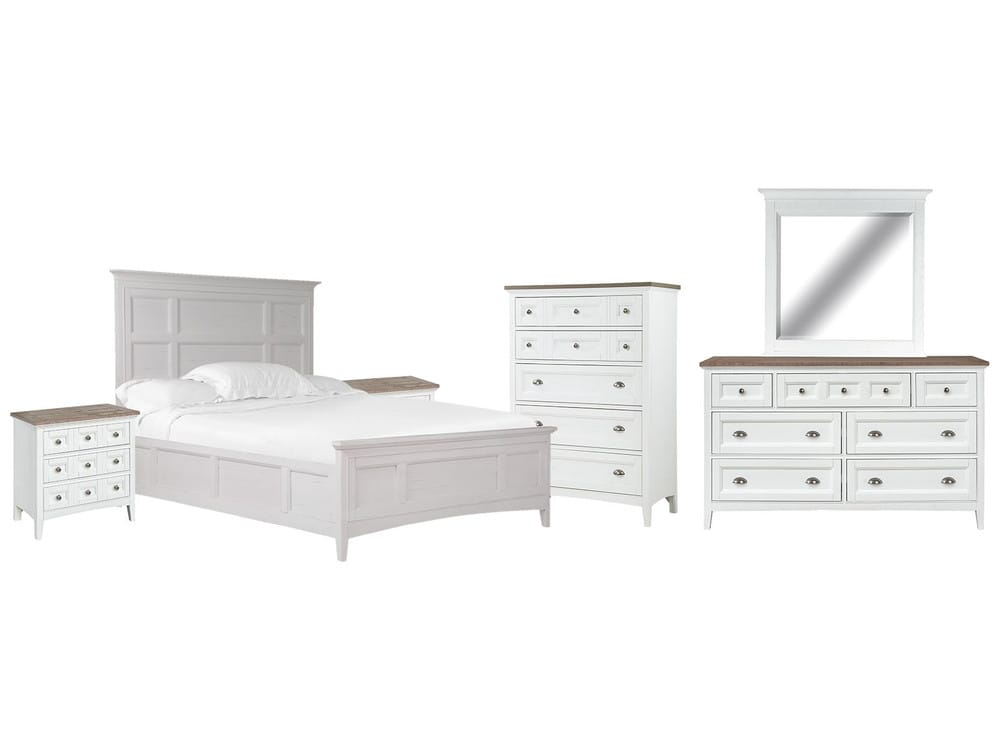 Magnussen - Heron Cove Chalk White And Dovetail Grey Queen Panel Bed 2 Nightstands Drawer Dresser With Landscape Mirror And Drawer Chest (Two Tone) - B4400-54-KIT16 view 1