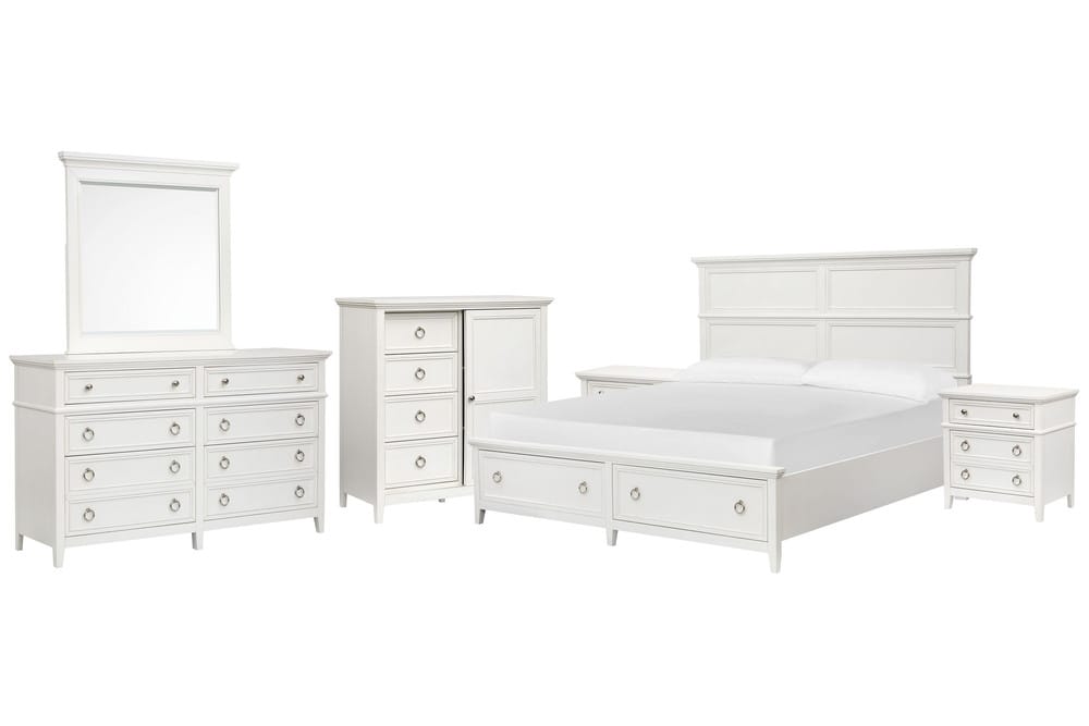 Magnussen - Juniper Hill Whisper White King Panel Storage Bed 2 Nightstands Double Drawer Dresser With Landscape Mirror And Door Chest - B6478-64A-KIT6 view 1