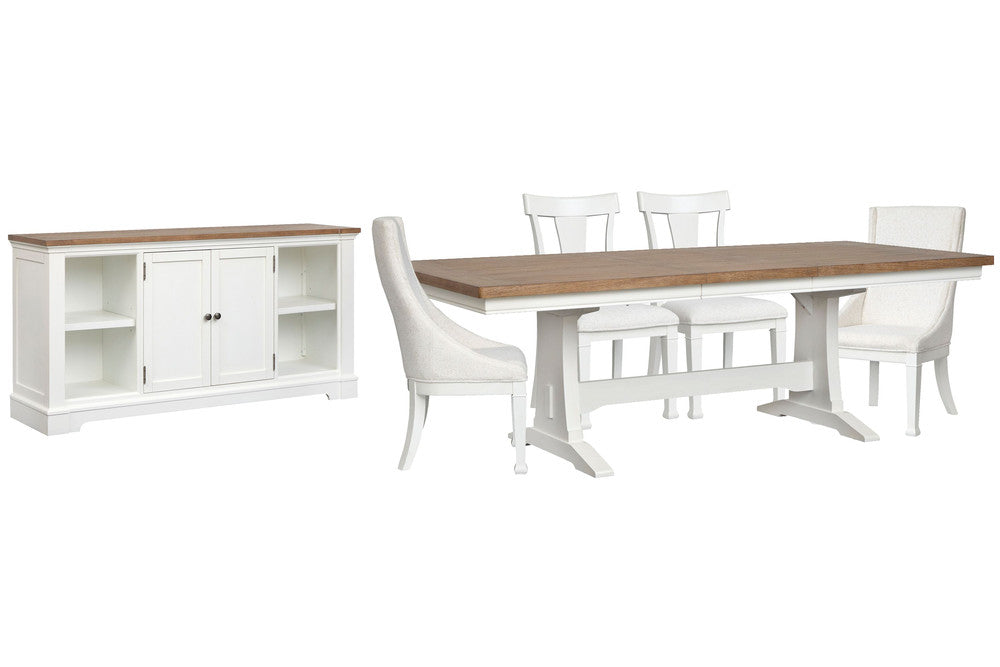 Magnussen - Kingston Whisper White And Cerused Nutmeg Extendable Trestle Dining Table With 2 Side Chairs 2 Host Chairs And Credenza - D6407-21-KIT10 view 1