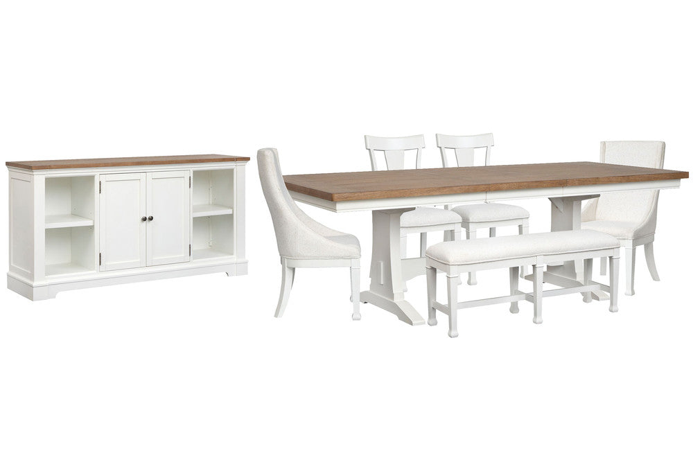 Magnussen - Kingston Whisper White And Cerused Nutmeg Extendable Trestle Dining Table With 2 Side Chairs 2 Host Chairs Bench And Credenza - D6407-21-KIT22 view 1